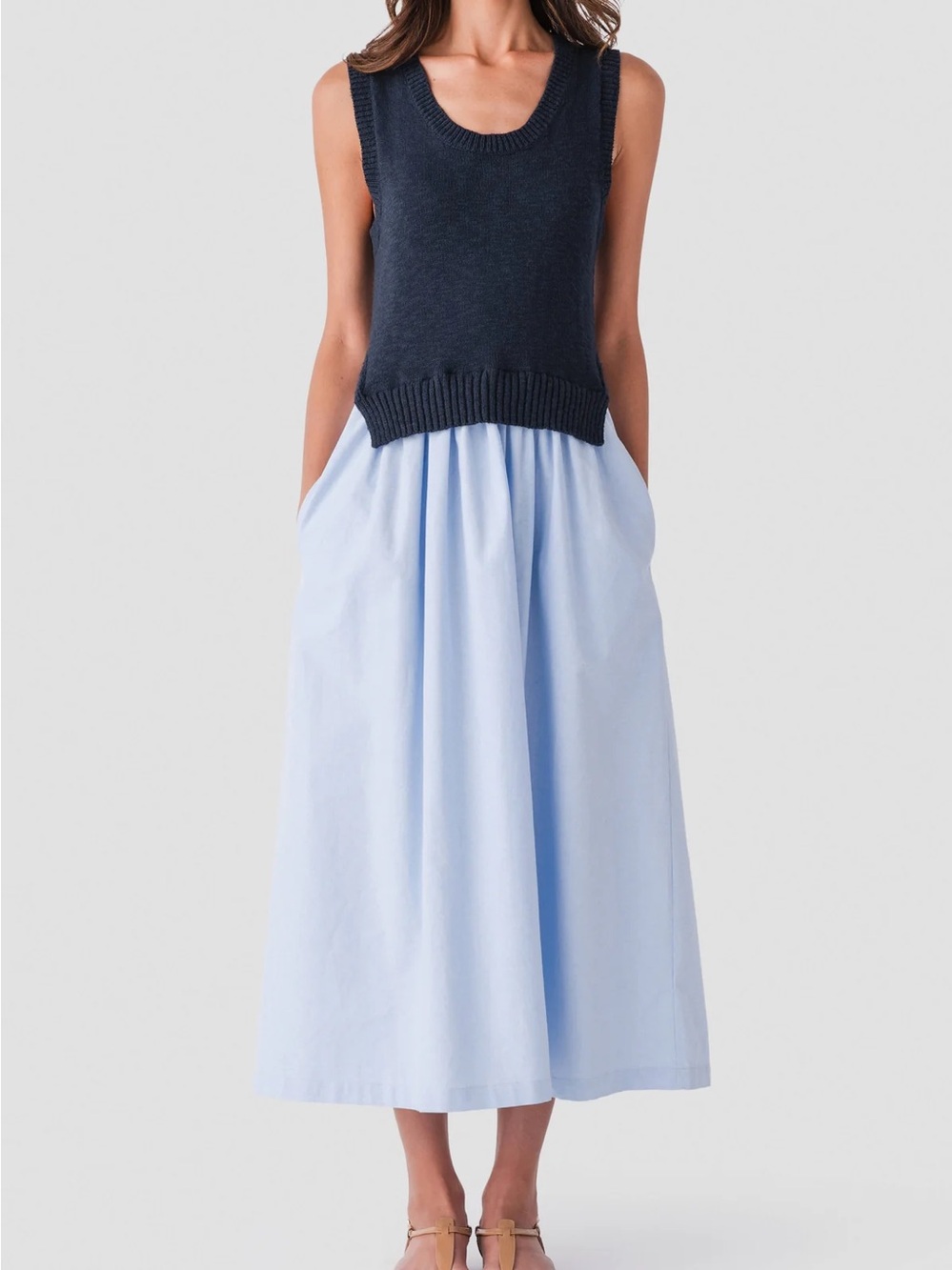 Things Between  Navy Knit Tank with Light Blue Skirt Dress